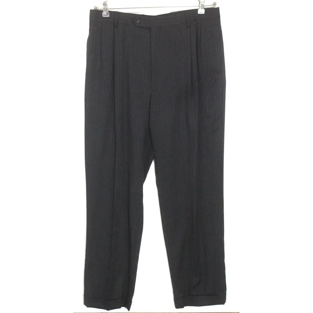 charcoal pinstripe Jos A Bank 2pc Pant Suit flannel wool cashmere soft 43‎ L